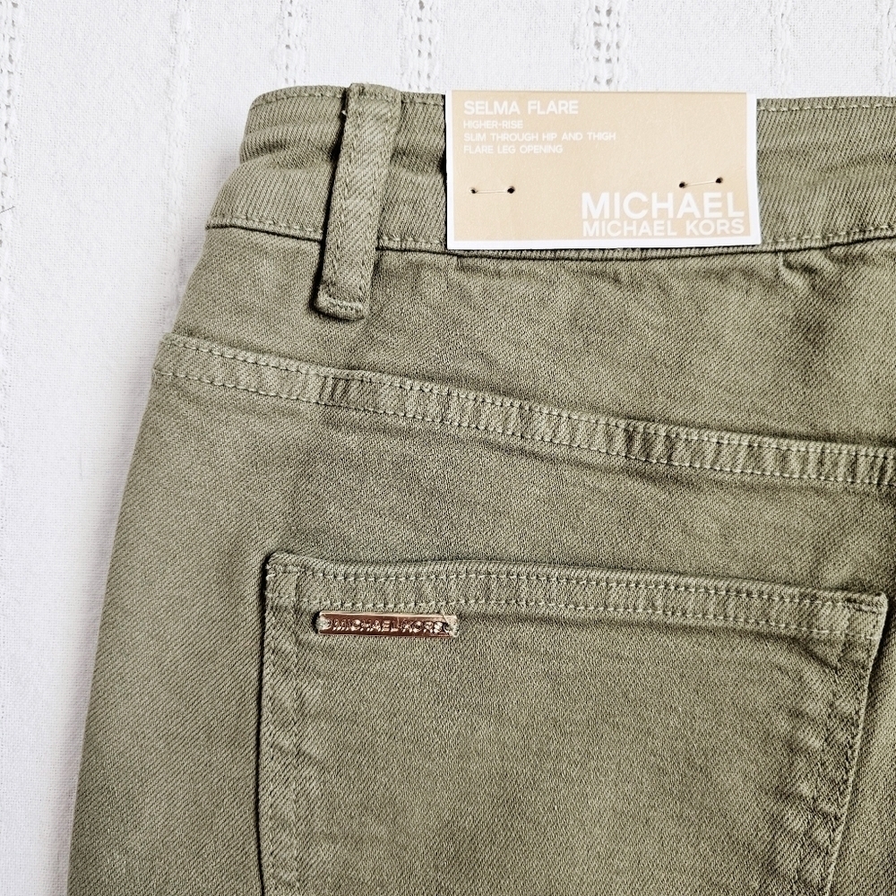 MICHAEL Michael Kors High Rise Selma Flare Jeans Olive Green Retro Stretch 6 NEW - Picture 13 of 13